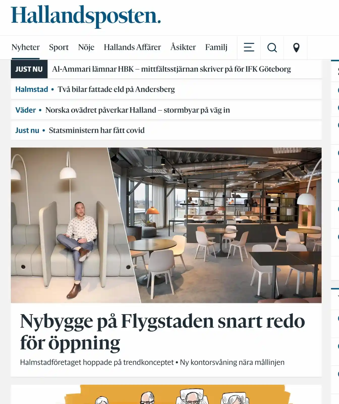 Skärmdump av Hallandsposten som visar nyheten om nybygget Ready4work i Flygstaden.